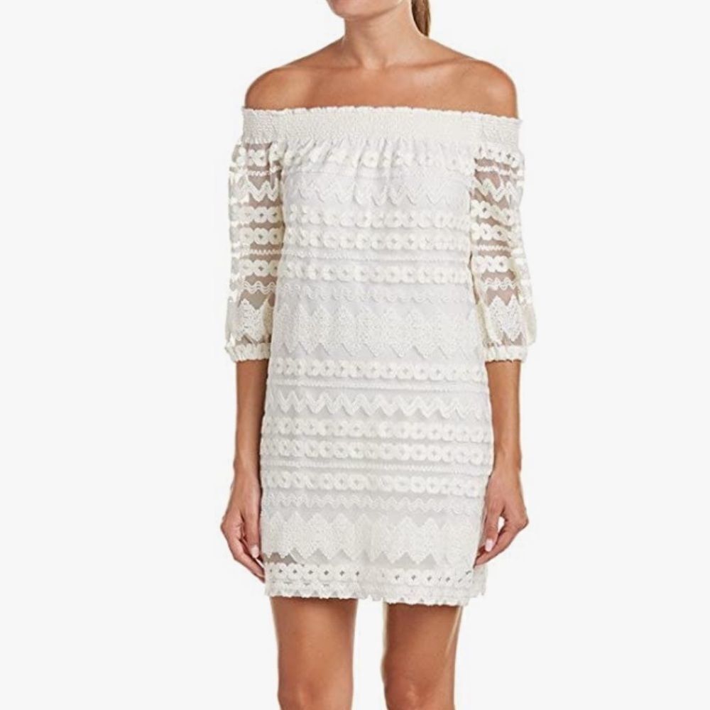 Trina Turk Hoku Embroidery Stripe Lace Off Shoulder Dress